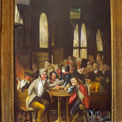 Image similar to painting of English pub, people drinking beer, 1800's