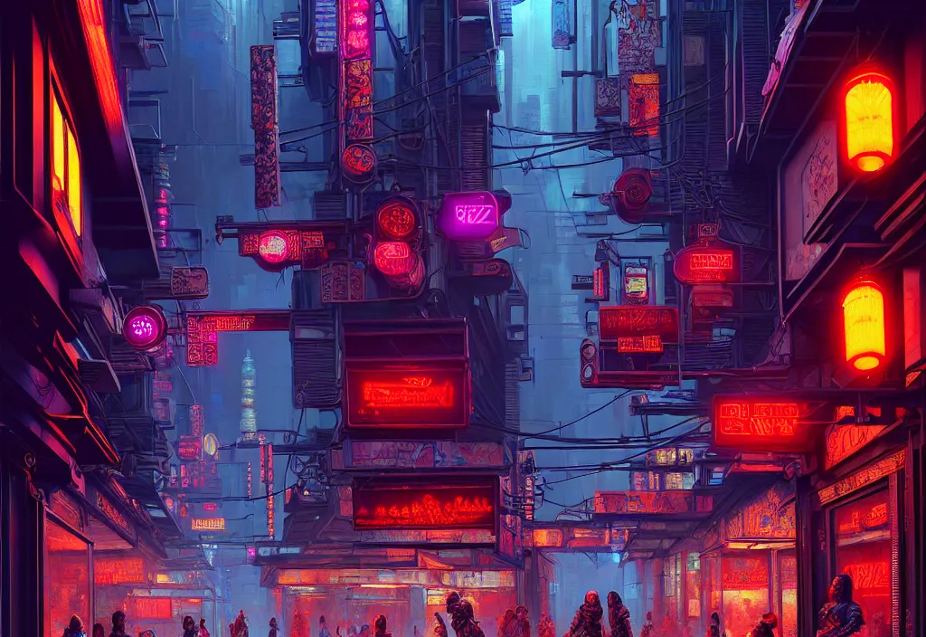 Image similar to a highly detailed bazaar street in the cyberpunk megacity of new washington, amazing cyberpunk digital painting, by gerald brom, brom digital art, intricate details, ultra realistic, beautiful art, volumetric lighting, ultra realistic, by art germ, by brom, trending cgsociety, artstation, rim lighting, cool neon lights, crowded, 8 k