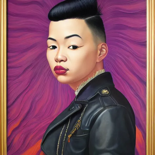 Prompt: front close up portrait of a young asian woman with a mohawk haircut, wearing a leather jacket, purple lips, eyes closed, by kehinde wiley, kadir nelson