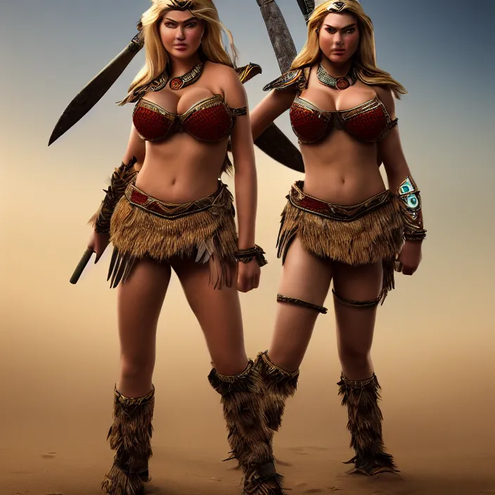 Image similar to full length photograph of a real-life kate upton as an amazon warrior, Extremely detailed. 8k