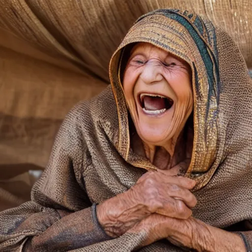 Prompt: dramatic film still of 80 year old Mediterranean skinned woman in ancient Canaanite clothing laughing, embarrassed, surprised, ancient interior tent background, Biblical epic movie