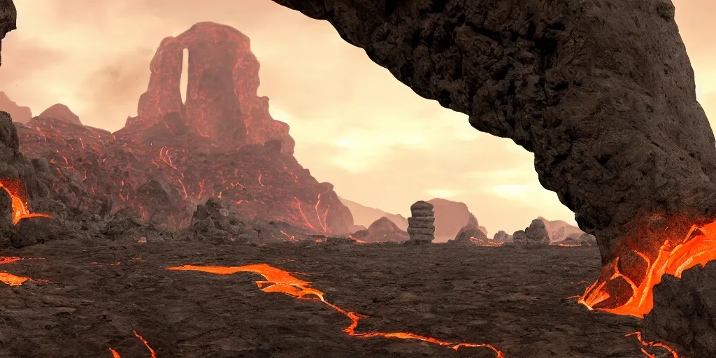 Prompt: Rocky arch connect two sides from left to right over the canyon with lava leak, in the distance ancient castle with destroyed tower, highly detailed, matte painting, wide lens, ultra realistic, 4k, 8k resolution, trending on artstation, octane render, unreal engine.