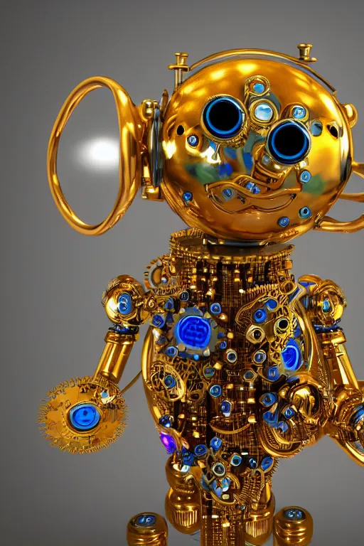 Image similar to photo of a smiling golden and blue metal steampunk robothead covered with multicolored tubes and gears, eyes are glowing red lightbulbs, arms are music instruments, shiny crisp finish, 3 d render, 8 k, insaneley detailed, fluorescent colors, background is holographic patterns