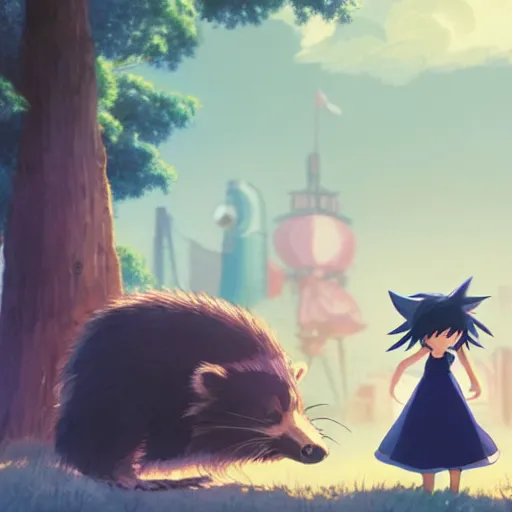 Image similar to a wholesome animation key shot of a dark blue haired girl with a raccoon tail, medium shot, studio ghibli, pixar and disney animation, sharp, rendered in unreal engine 5, anime key art by greg rutkowski, bloom, dramatic lighting