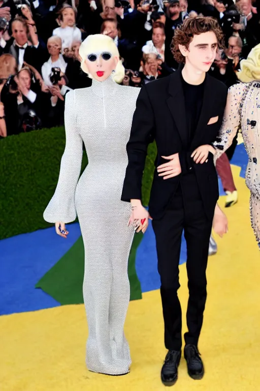 Prompt: timothee chalamet and lady gaga holding hands on the red carpet, beautiful detailed faces