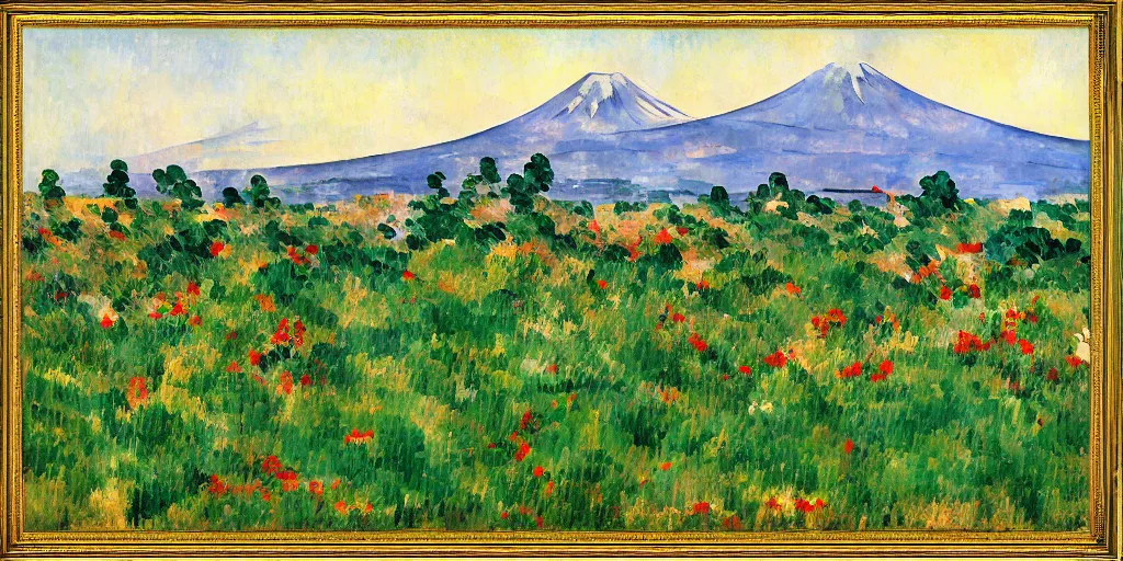 Image similar to Field of mixed flowers, Mount Fuji blurred in the background, good news on Sunday, Cézanne style,XIXth century painting with gold frame