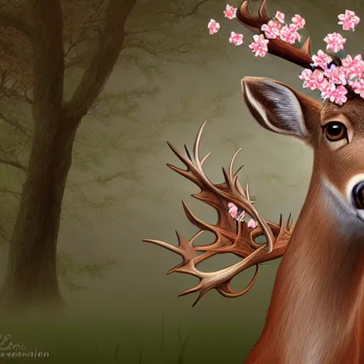 Image similar to professional digital art of a deer with cherry blossom antlers, fantasy, award-winning, 8K, HD, high quality, highly detailed