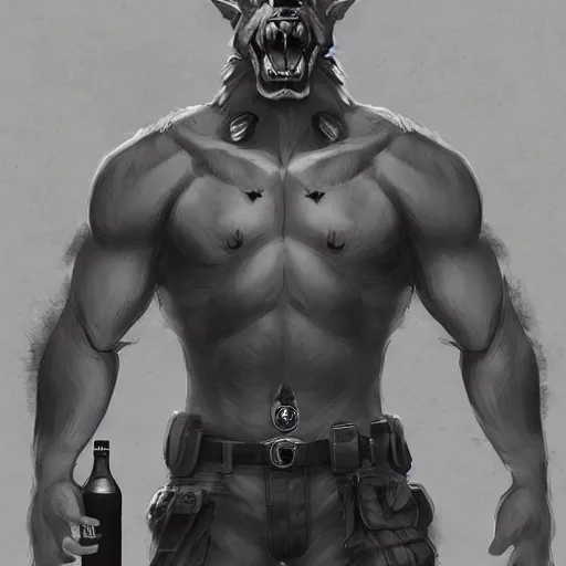 Image similar to a humanoid german shepherd beast - man in military style, holding a bottle of beer, artstation, concept art, smooth, sharp foccus ilustration, artstation