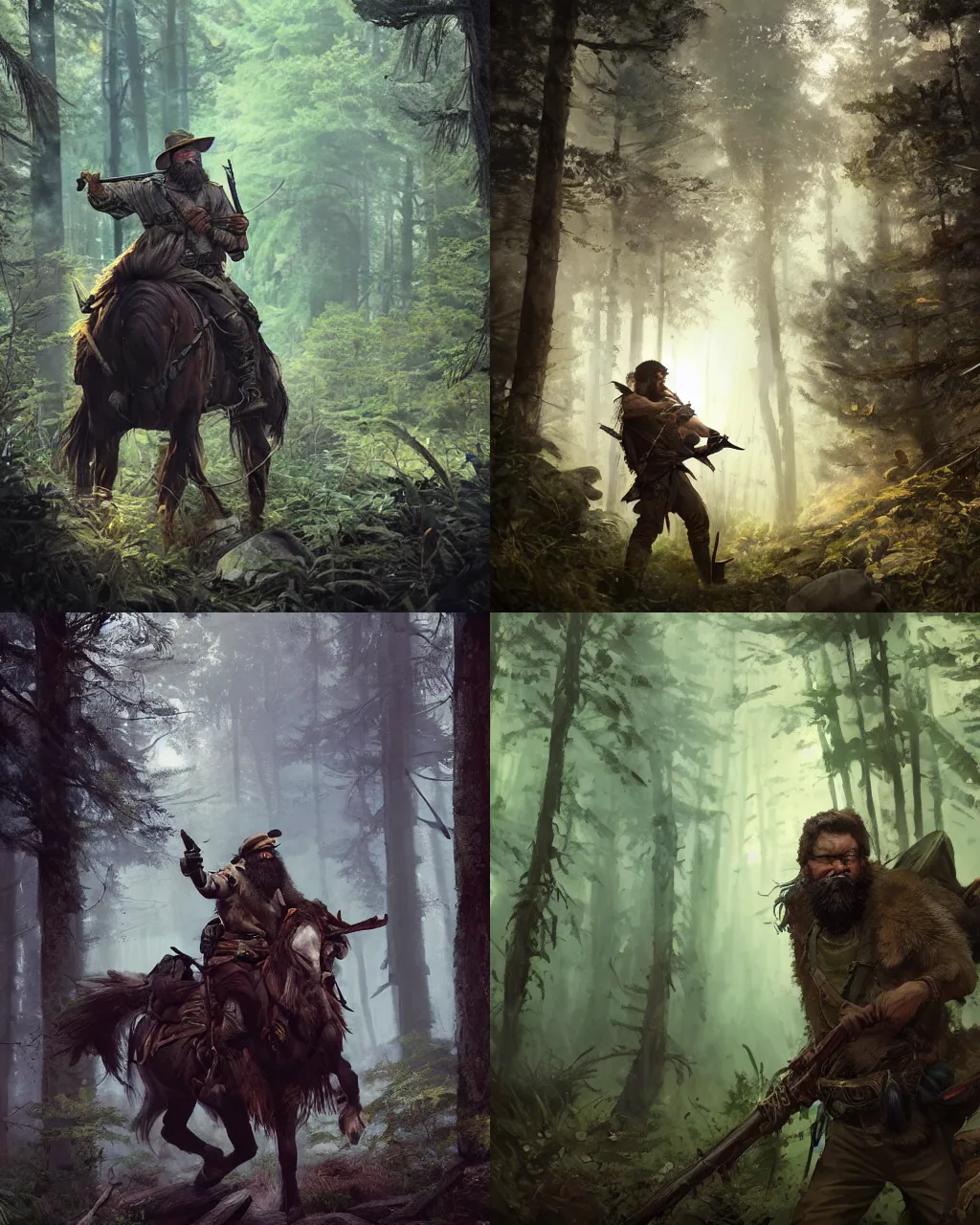 Prompt: a beautiful action portrait of a grizzled DnD-ranger hunting in a forest, beard, face is brightly lit, by Greg Rutkowski and Raymond Swanland, Trending on Artstation, ultra realistic digital art