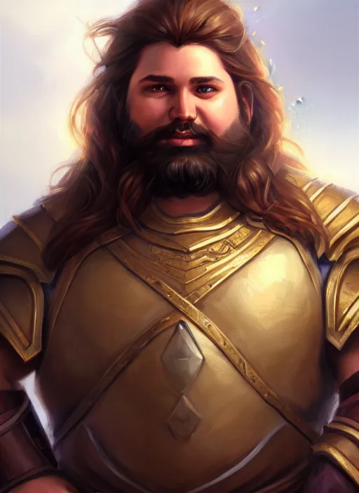 Image similar to a _ fantasy _ style _ portrait _ painting _ of light brown male paladin with long wavy brown hair chubby and beard, rpg dnd oil _ painting _ unreal _ 5 _ daz. _ rpg _ portrait _ extremely _ detailed _ artgerm _ greg _ rutkowski _ greg