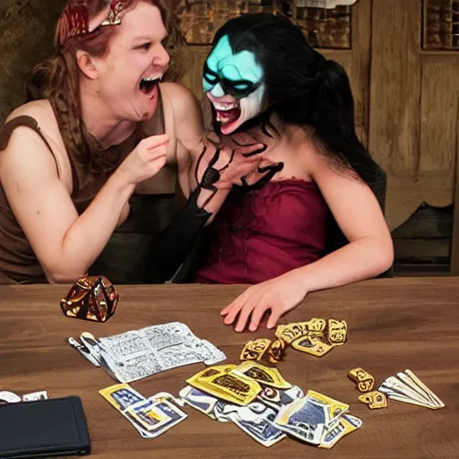 Prompt: succubus laughing while playing d & d with nerd