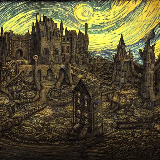 Image similar to a lovecraftian horror castle scene in starry night's style, cinematic, arstation, detailed, octane,