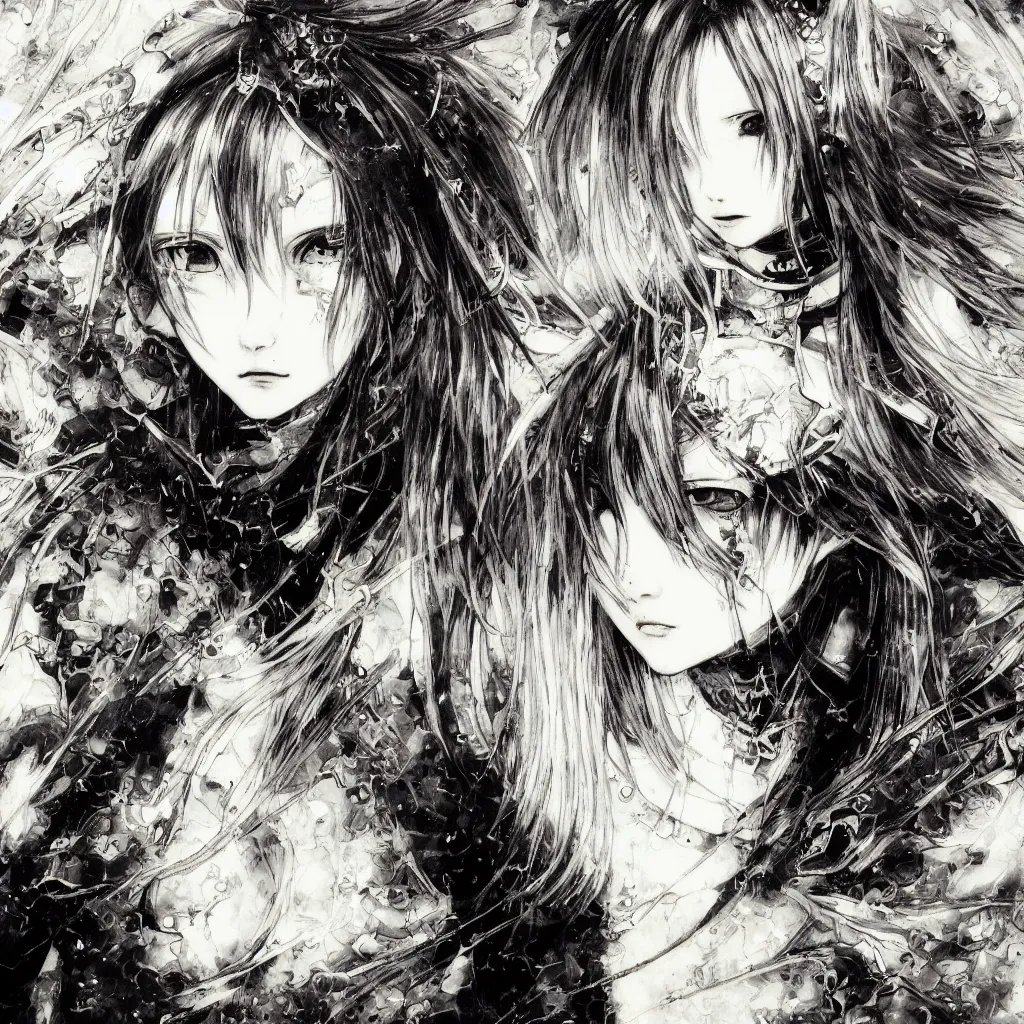 Image similar to Yoshitaka Amano blurred and dreamy illustration of an anime girl with pirate eye patch, wavy white hair and cracks on her face wearing Elden ring armour with the cape fluttering in the wind, abstract black and white patterns on the background, noisy film grain effect, highly detailed, Renaissance oil painting, weird portrait angle