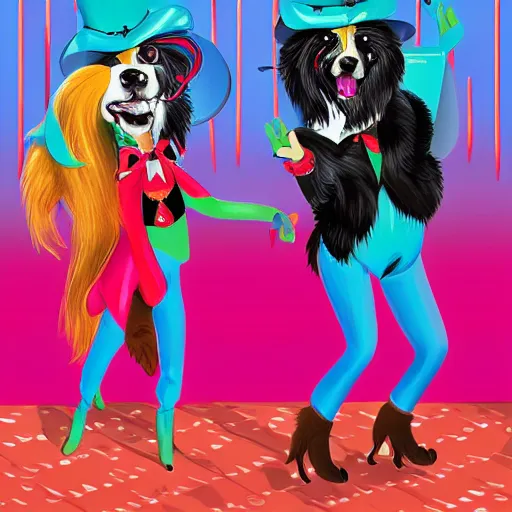 Prompt: two drag queen dogs performing on stage in front of audience, poster art, advertisement