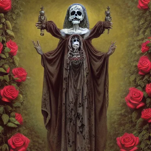 Prompt: santa muerte in a rose garden being worshipped by a mexican death cult through a ritual, by anton semenov and gustave dore and guillermo del torro in a surreal dark horror style, oil on canvas, 8k, hd,