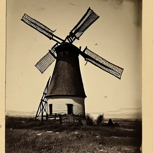 Prompt: 1800s photo of a dilapidated windmill