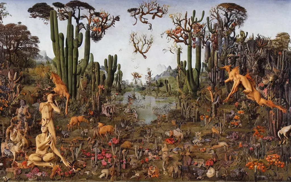 Prompt: photograph of a meditating centaur shaman and a flayed werewolf feeding animals at the riverside. surrounded by bulbous flowers, animals and a few trees and cacti. river delta with cliffs under a blue sky of burning stars. painted by jan van eyck, max ernst, ernst haeckel, ernst fuchs and artgerm, trending on cgsociety