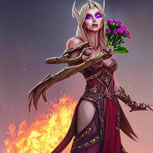 Image similar to hyperrealist portrait of sylvanas windrunner wearing a wedding dress and holding a bouquet of flowers in a burning landscape. by bayard wu, fantasy art, photo realistic, dynamic lighting, trending on artstation, poster, volumetric lighting, very detailed faces, 4 k, award winning