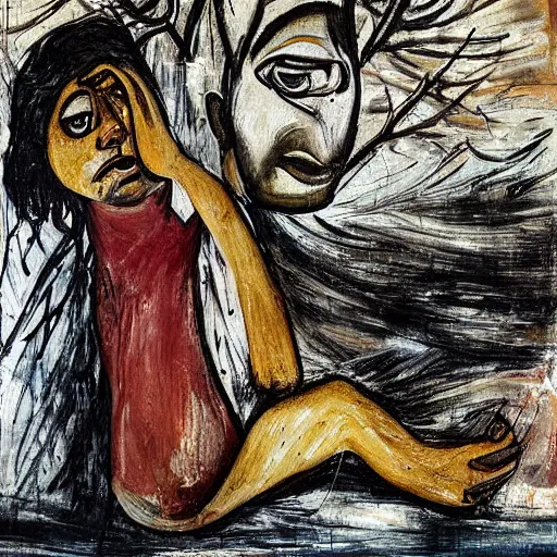 Prompt: The painting shows a man caught in a storm, buffeted by wind and rain. He clings to a tree for support, but the tree is bent nearly double by the force of the storm. The man's clothing is soaked through and his hair is plastered to his head. His face is contorted with fear and effort. Mediterranean by Bernard Buffet earthy