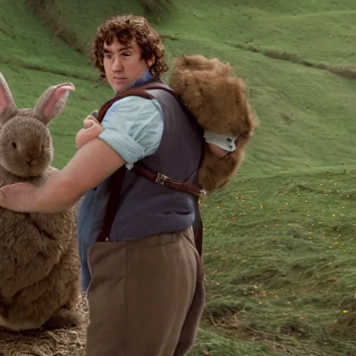 Image similar to surly clean shaven pudgy British lad with short curly dark brown hair as a hobbit wearing a white men's crossbody sling chest bag and blue vest standing next to a giant rabbit, blue vest! white crossbody chestbag! high resolution film still, movie by Peter Jackson