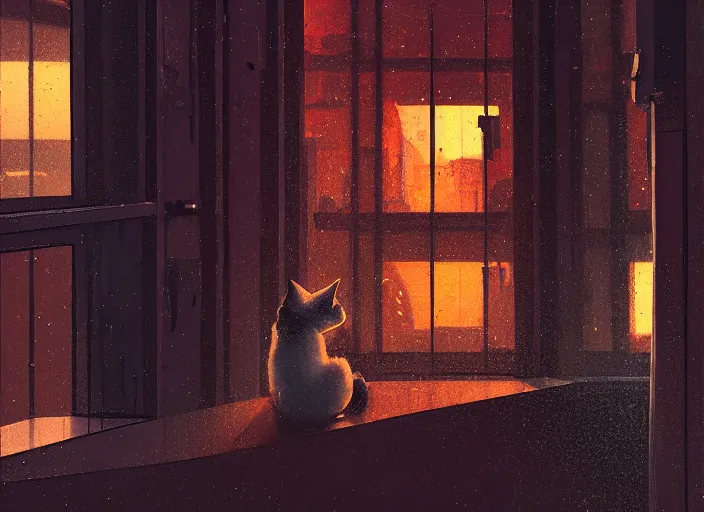 Image similar to back of cat sitting in front of a window looking out at a rainy cyberpunk city at night, cozy indoor lighting, greg rutkowski, alena aenami, artstation, detailed, digital painting