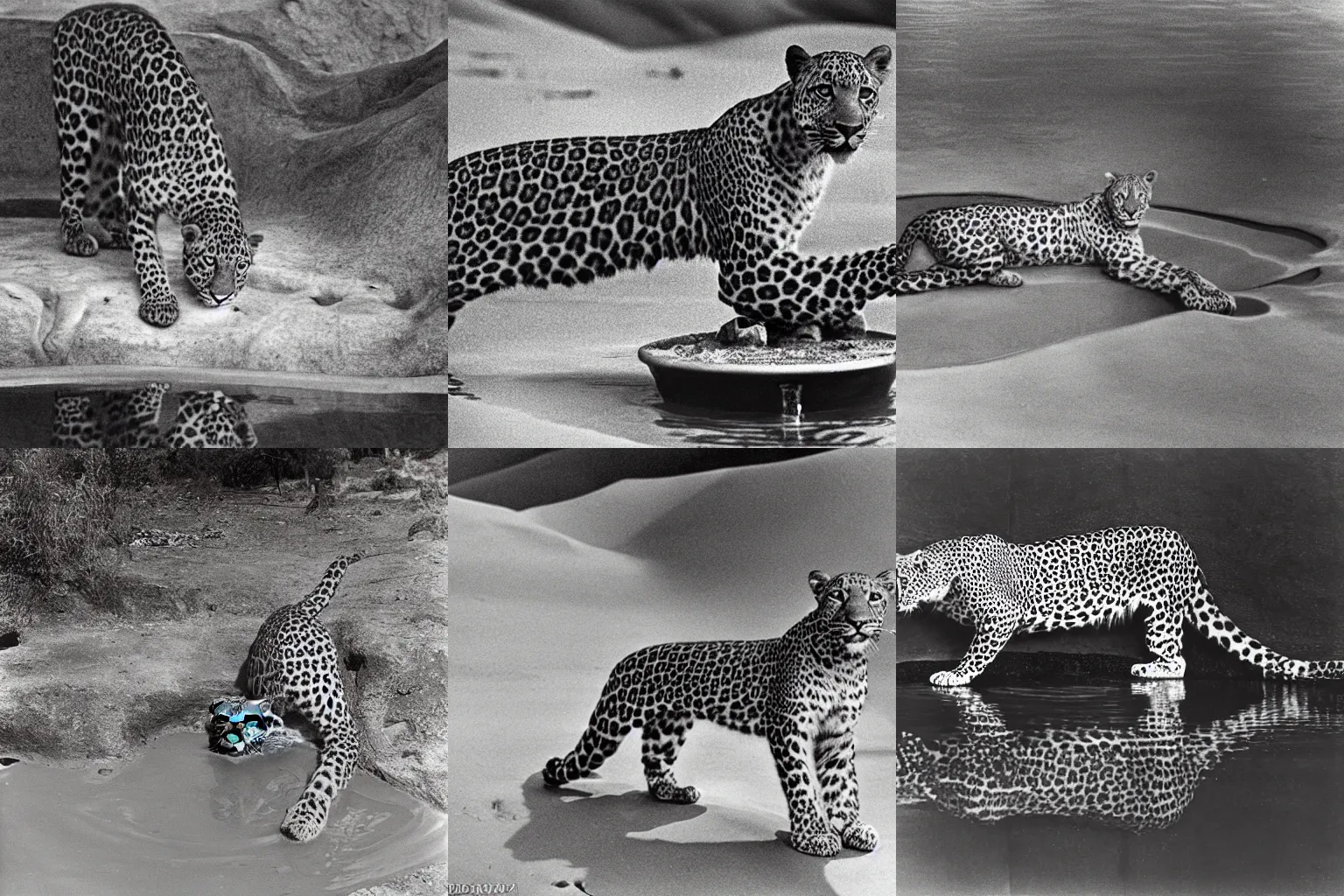 Prompt: a photograph by Edward Weston of leopard drinking water from an oasis