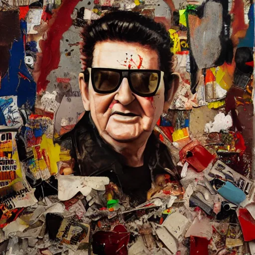 Prompt: hyperrealistic, photorealistic, mixed media oil painting of roy orbison, magazine scraps, plaster, blood, oil, mustard, cigarettes, splatter, trending on artstation, award - winning painting, greg rutkowski, basquiat, ralph steadman, terry gilliam