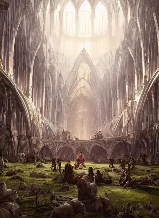 Image similar to six medieval adventurers in the shire scenery landscape, lord of the rings, inside an enormous alien cathedral, highly detailed, perfect lighting, perfect composition, 4 k, artgerm, derek zabrocki, greg rutkowski