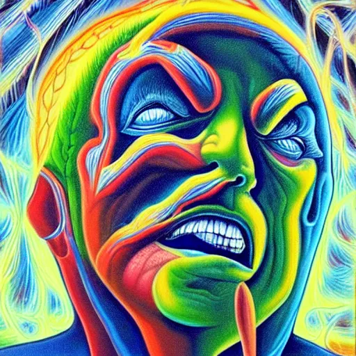 Image similar to Alex grey painting of someone sneezing