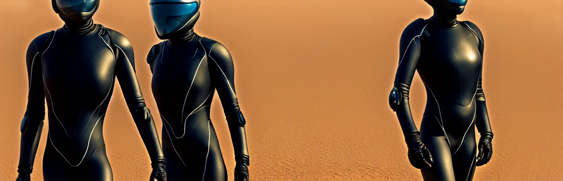 Prompt: closeup of a person in a black high tech dune stillsuit, in the desert, intricate and epic concept art, highly detailed, 8k, cinematic, sharp focus