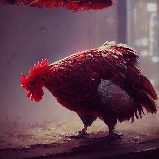 Image similar to chickens growing out of red mushroom, highly detailed, illustration, sci - fi art, cyberpunk, in the style of greg rutkowski, epic, realistic, intricate, hyper detailed, artstation, concept art, smooth, sharp focus, ray tracing