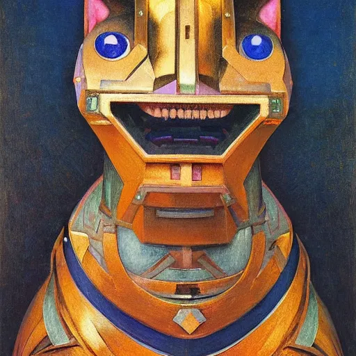 Prompt: painting of a bejeweled robot cat head, by annie swynnerton and diego rivera and nicholas roerich and jean delville, symbolist, dramatic lighting, god rays, elaborate geometric ornament, art brut, rich colors, smooth, sharp focus, extremely detailed, adolf wolfli and ( donato giancola )