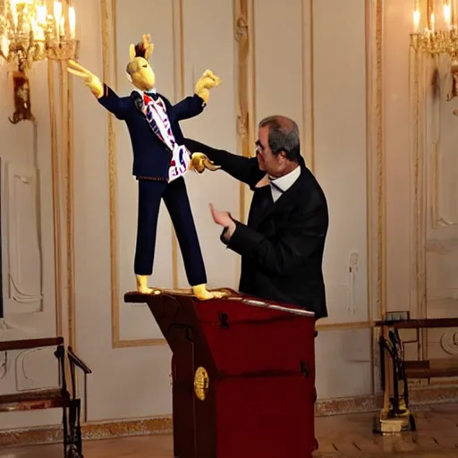 Prompt: puppeteer using marionette of a president in a podium