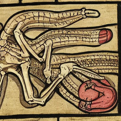 Prompt: a skeleton and a slug, medieval art, detailed