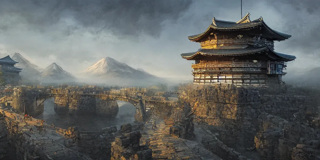 Image similar to japan middle age, giant fortress with cannons guarded by samurais, is built on a strong old wooden bridge, giant goddess with swords, morning, matte painting, concept art, james gurney, greg rutkowski, unreal engine, artstation, john howe