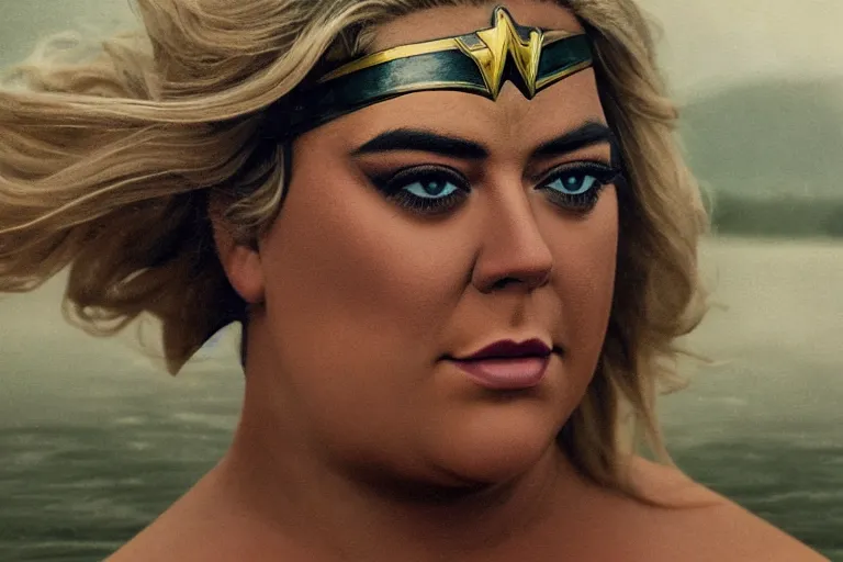 Prompt: a cinematic painting of gemma collins as wonderwoman near a lake on a rainy day, beautiful lighting, high depth, ultra realistic, artistic, by annie leibovitz