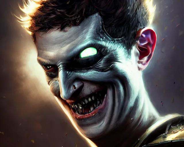 Image similar to highly detailed portrait of mark zuckerberg as the batman who laughs, in mortal kombat 1 1, stephen bliss, unreal engine, fantasy art by greg rutkowski, loish, rhads, ferdinand knab, makoto shinkai and lois van baarle, ilya kuvshinov, rossdraws, tom bagshaw, global illumination, radiant light, detailed and intricate environment