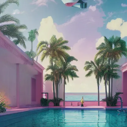 Prompt: miami vice, indoor liminal space, golden light, greg rutkowski, palm trees, pink door, minimalistic, hyperrealistic surrealism, award winning masterpiece with incredible details, epic stunning, infinity pool mirrors, a surreal vaporwave liminal space with mirrors, highly detailed, trending on artstation, artgerm and greg rutkowski and alphonse mucha, daily deviation