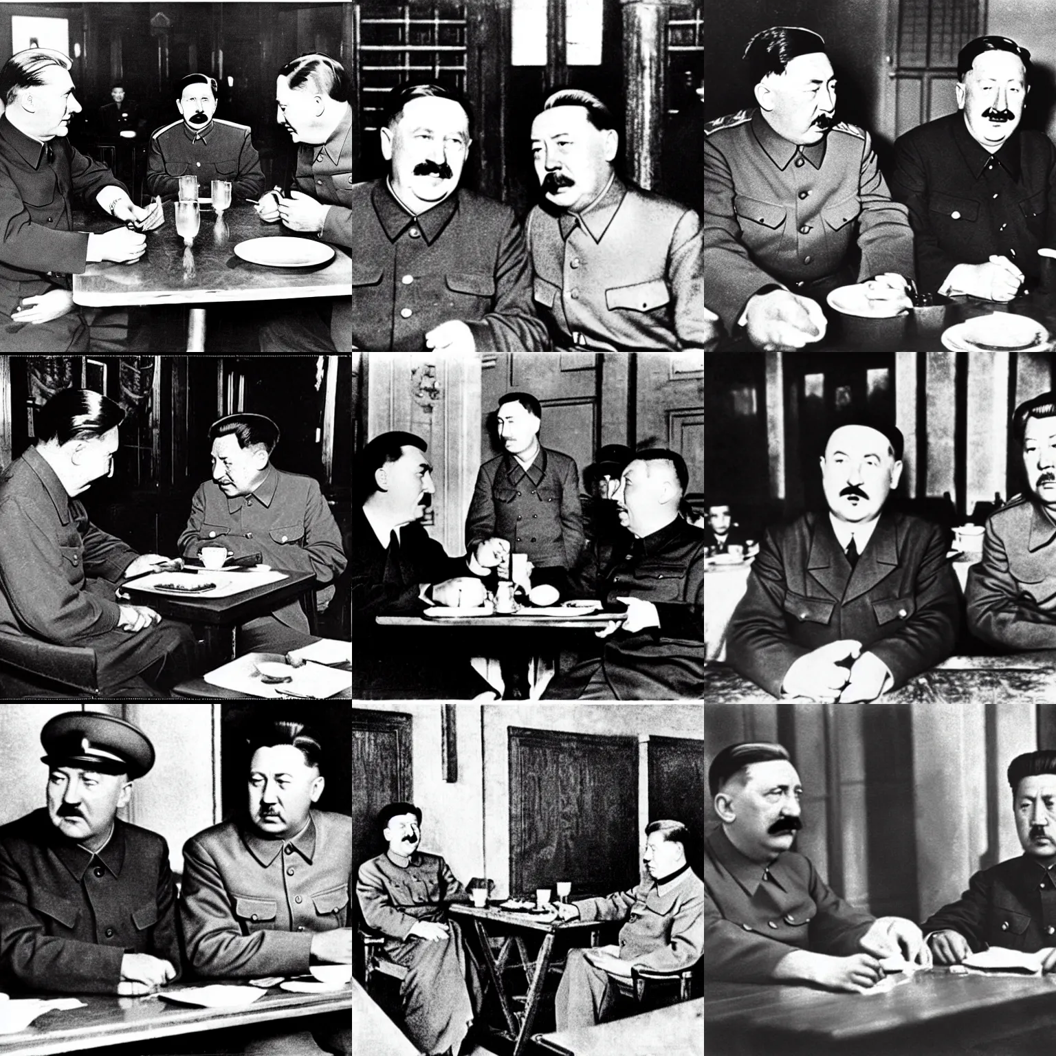 Prompt: Hitler Stalin and Mao sitting at a table in a pub