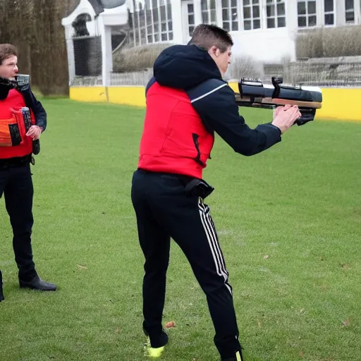 Image similar to robert lewandowski with a gun, shooting at policemen