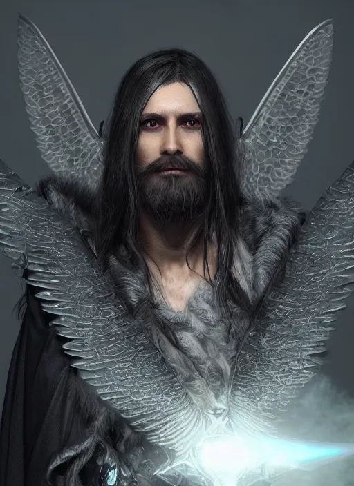 Prompt: A striking hyper real painting of a winged aasimar hexblade warlock, short beard, black cloak, silver hair, unreal 5, DAZ, hyperrealistic, octane render, cosplay, RPG portrait, dynamic lighting