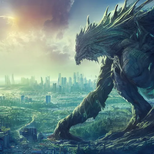 Prompt: giant creature with a city on its shoulders, ultra detailed, well composed, epic, beautiful colors, 8 k