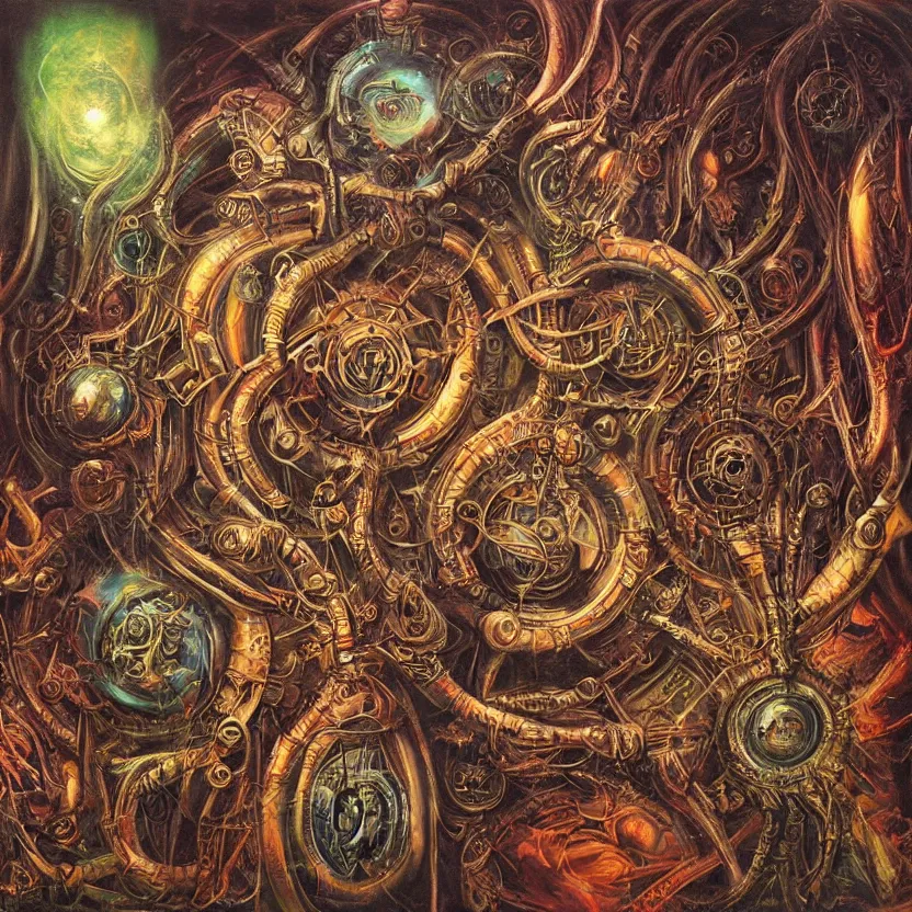 Image similar to biomechanical kali yantra, volumetric shadows and lighting, psychedelic colors, realistic oil painting by h. r. giger,