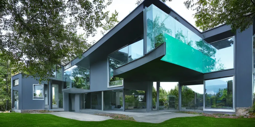 Prompt: large futuristic residence, cascadian, blue concrete, large green glass windows, cuboid elements, blue metal