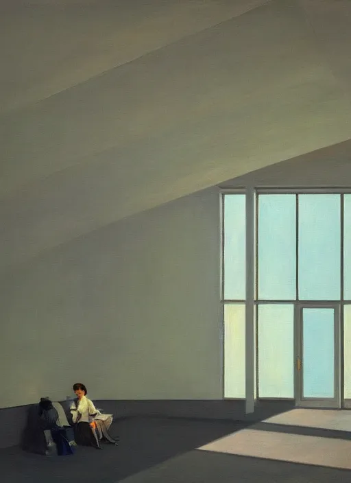 Prompt: a painting of the interior of teshima art museum by edward hopper dramatic light