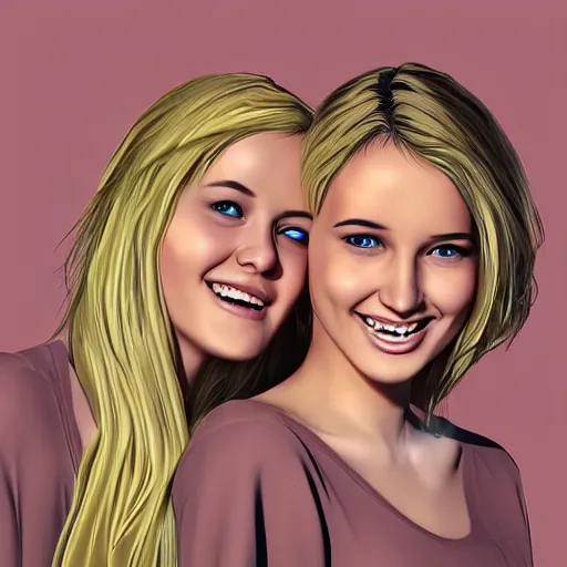 Image similar to two young beautiful blond women, smiling and hugging each other, digital art, illustration