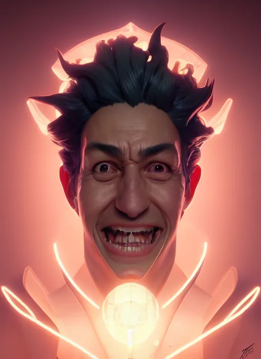 Image similar to symmetry, concept art by artgerm, distance portrait of a hyper realistic, happy, rick sanchez by greg rutkowski, alphonse mucha, octane render, highly detailed, high quality, 8 k, soft lighting, path traced, and uang guangjian and gil elvgren, symmetry!!