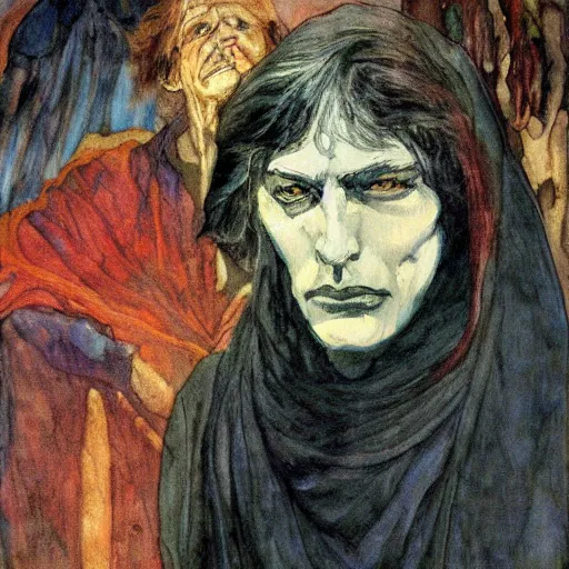 Prompt: comics sandmanin a cloak by Neil Gaiman, in style The Demon Seated, by Mikhail Vrubel, oil painting, art gallery, art museum, small details, whole-length, hyperrealism, black cloak, Beautiful face