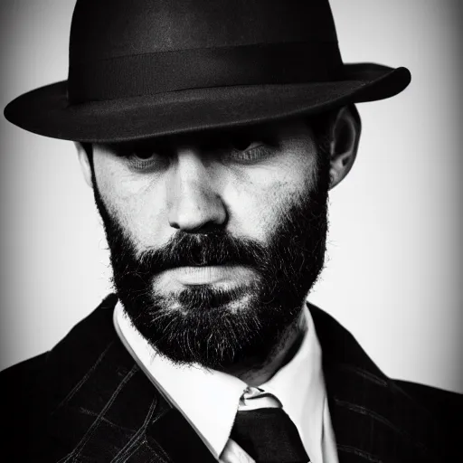 Image similar to bearded rugged man, noir detective, suit and tie, 4 k, photo realistic, black and white