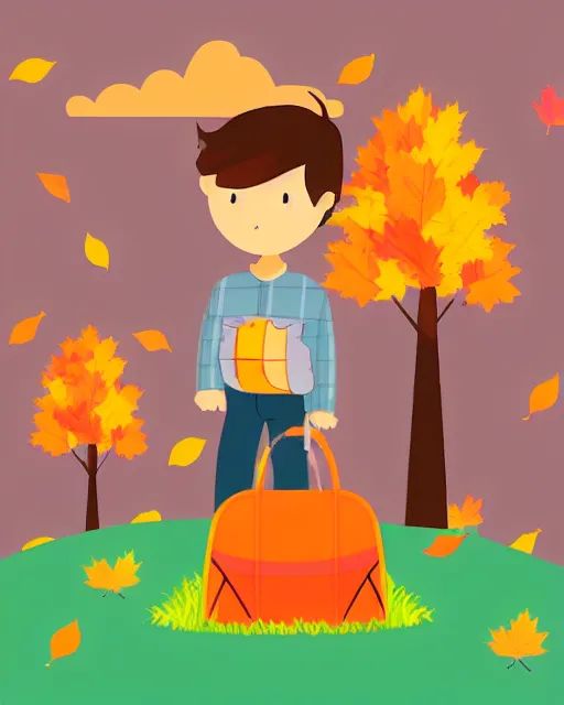 Image similar to autumn hillside boy with camping bag illustration light color